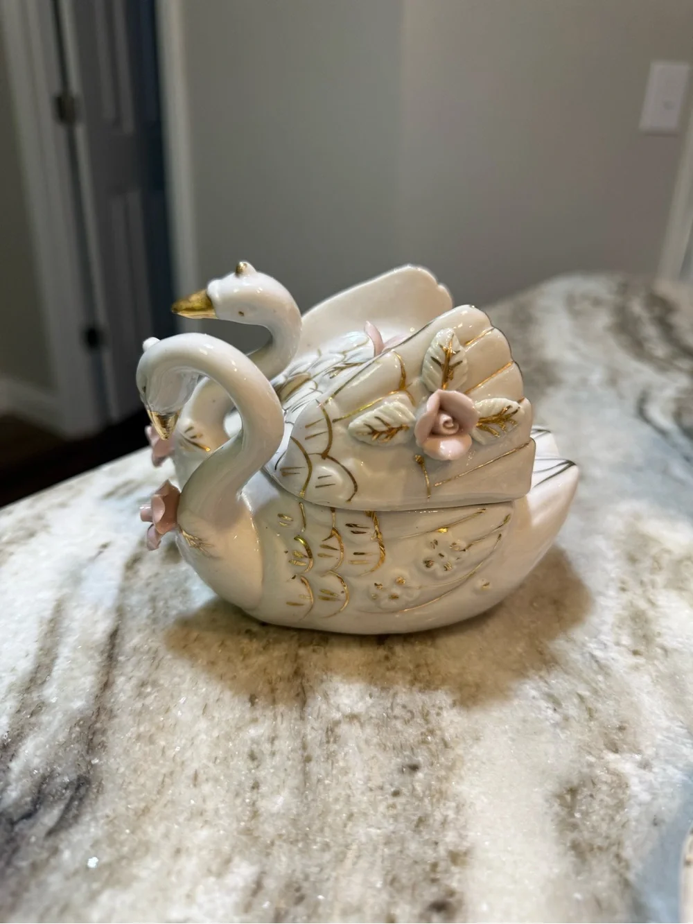 Vintage Porcelain Swan Trinket Box Pink Roses Gold Trim Romantic Decor Japan